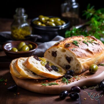 a sliced bread with olives on a wooden board