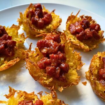 Celery root and stewed salami cups