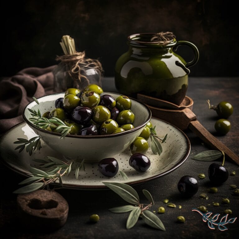 a bowl of green and black olives